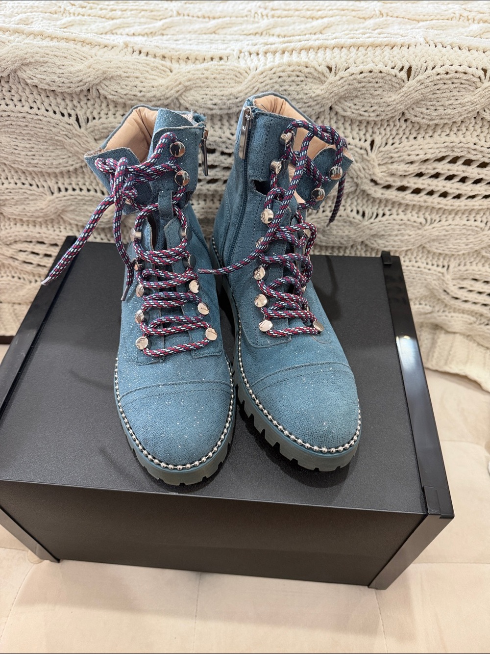 Cecelia New York Women's sparkle Blue Lace-Up Combat Boots
